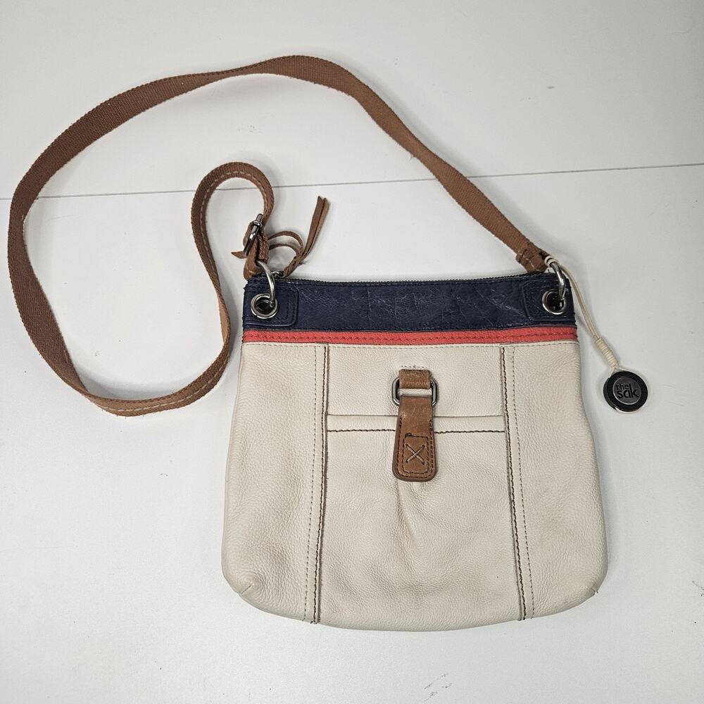 The Sak Pebbled Leather Crossbody Shoulder Handbag Webbed Strap Beige Kendra